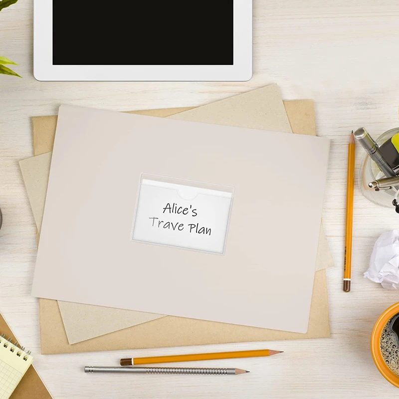 60Pcs Self-Adhesive Label Holder Card Pockets Label Holder Clear Library Card Holders with Top Open for Index Cards