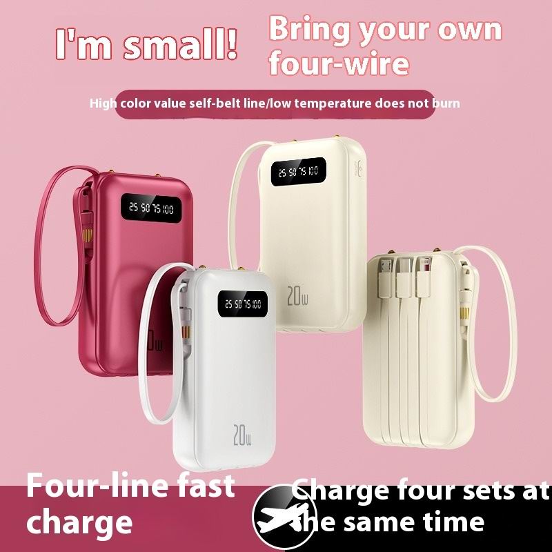 Mini Power Bank 20000mah Portable with 4 Cables Fast Charging Mobile Phone Charger Digital Display External Battery Charger