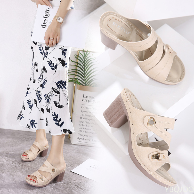 Women 2022 New Sandals Open Toe High Block Heels Platform Slip-On Heart Simple All-Match Casual Summer Zapatos Mujer