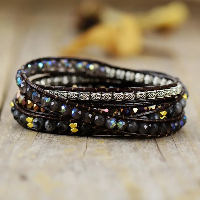 Native Inspired er Leather Bracelet Black Agate Mixed 5-Strand Braided Wrap Bracelet Bohemian Jewelry Pendant 241108