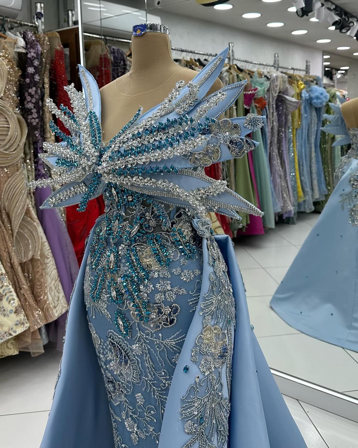 2024 Plus Size Sky Blue Mermaid Prom Dresses For Special Occasions Florals Rhinestones Sequined Lace Evening Party Birthday Gowns Dress For Women Vest
