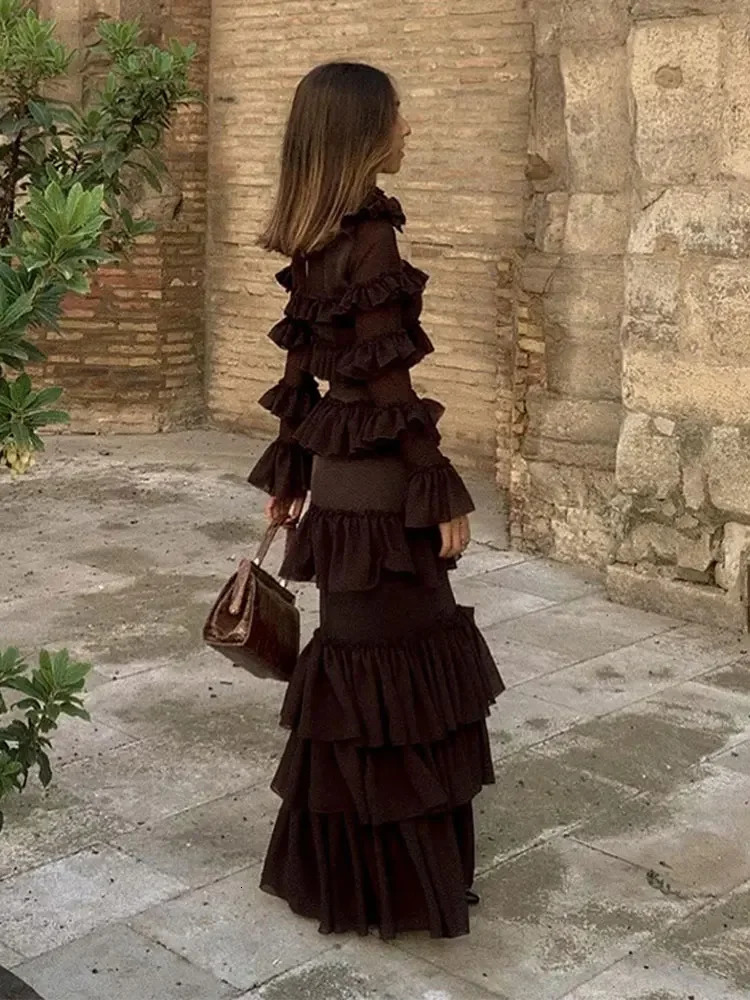 Elegant Brown Midi Cake Hem Dress For Women Sexy See Through Ruffles Long Sleeves Vestidos 2024 Fashion Evening Club Party Robes 240327