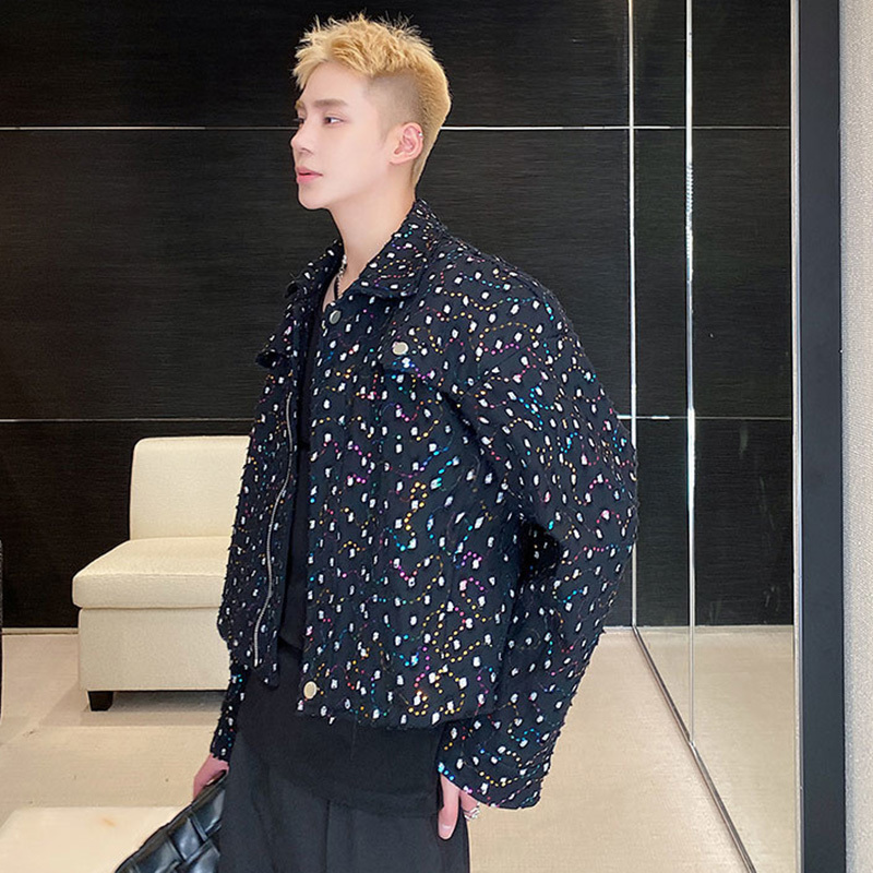 IEFB Personality Embroidery Sequin Short Men's Jacket Trend Korean Lapel new 2023 Autumn 2025 Casual Turn-down Collar Coat 9A1711