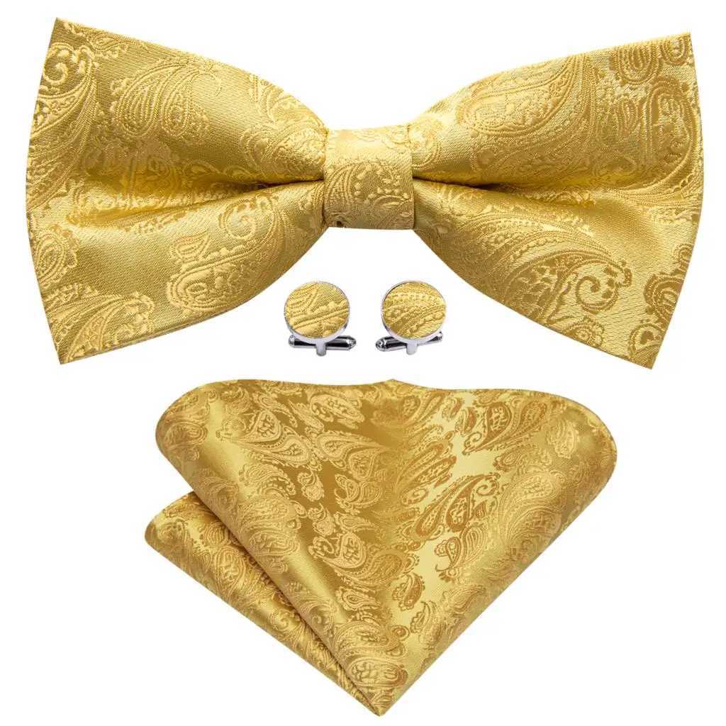 Barry.Wang Gold Yellow Beige Silk Mens Bow Tie Jacquard Paisley Floral Pre-Tied Bowtie Hanky Cufflinks Set Wedding Busin GiftX241109