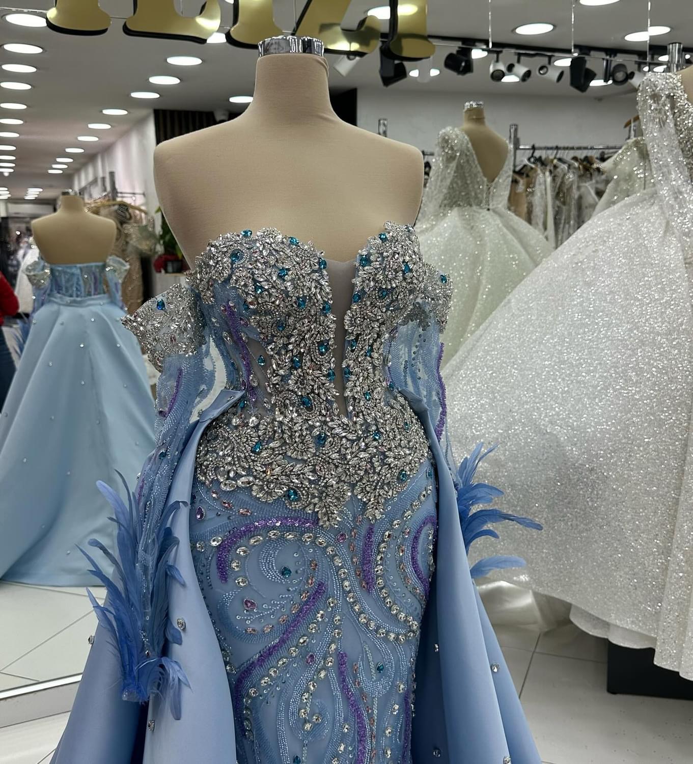 2024 Plus Size Sky Blue Mermaid Prom Dresses For Special Occasions Rhinestones Detachable Train Evening Party Birthday Gowns Dress For Women Vestidos 