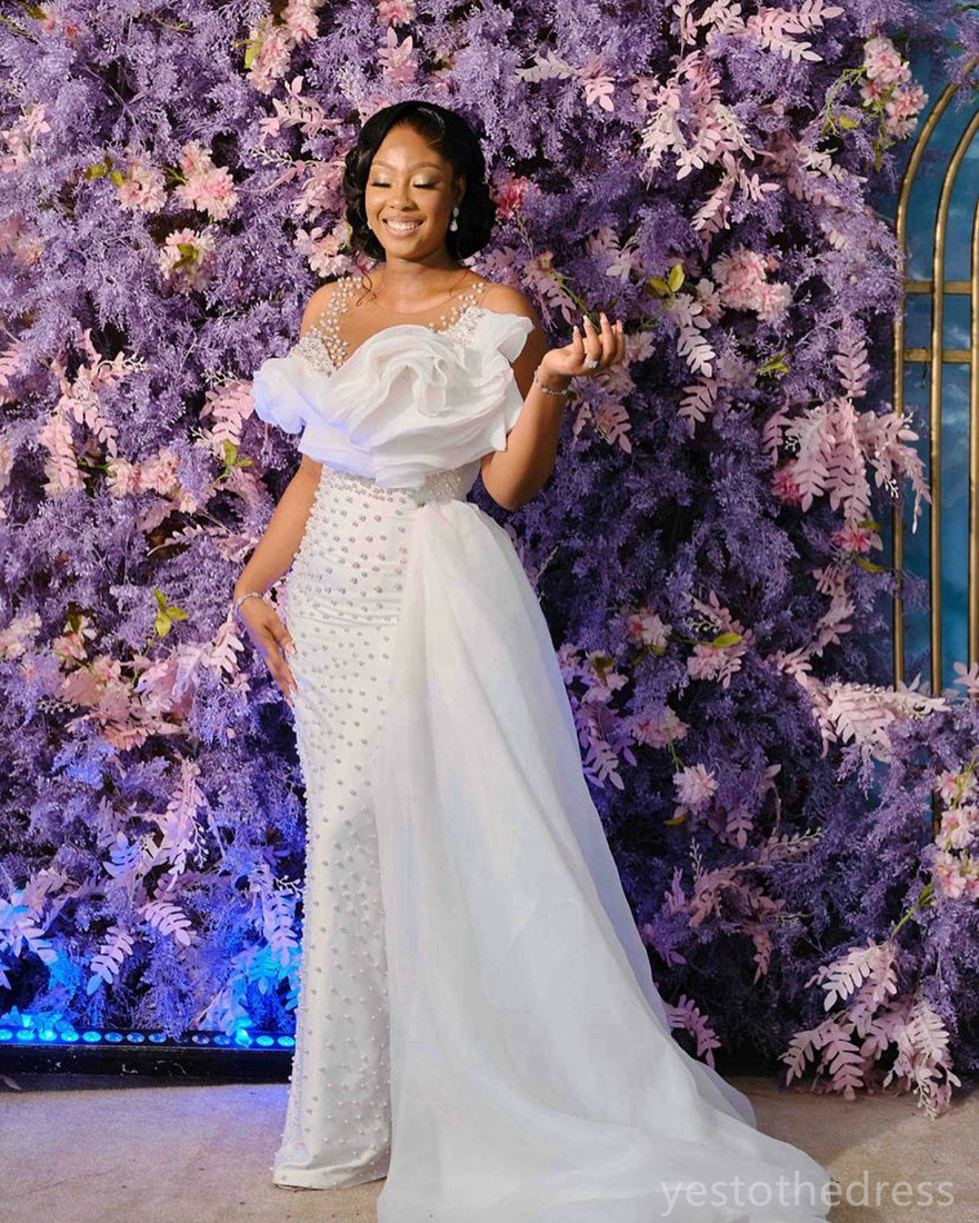 2024 Plus Size Mermaid Wedding Dress for Bride Illusion Bridal Gowns Sheer Neck Beaded Pearls Decorated Wedding Gowns for African Nigeria Black Women 