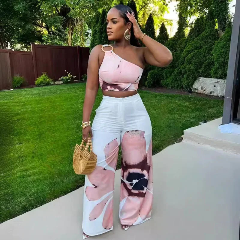 Floral Print Summer Two Piece Set Women Holiday One Shoulder Crop Top and Loose Wide Leg Pants Matching Sets Outfits Vacation 241108