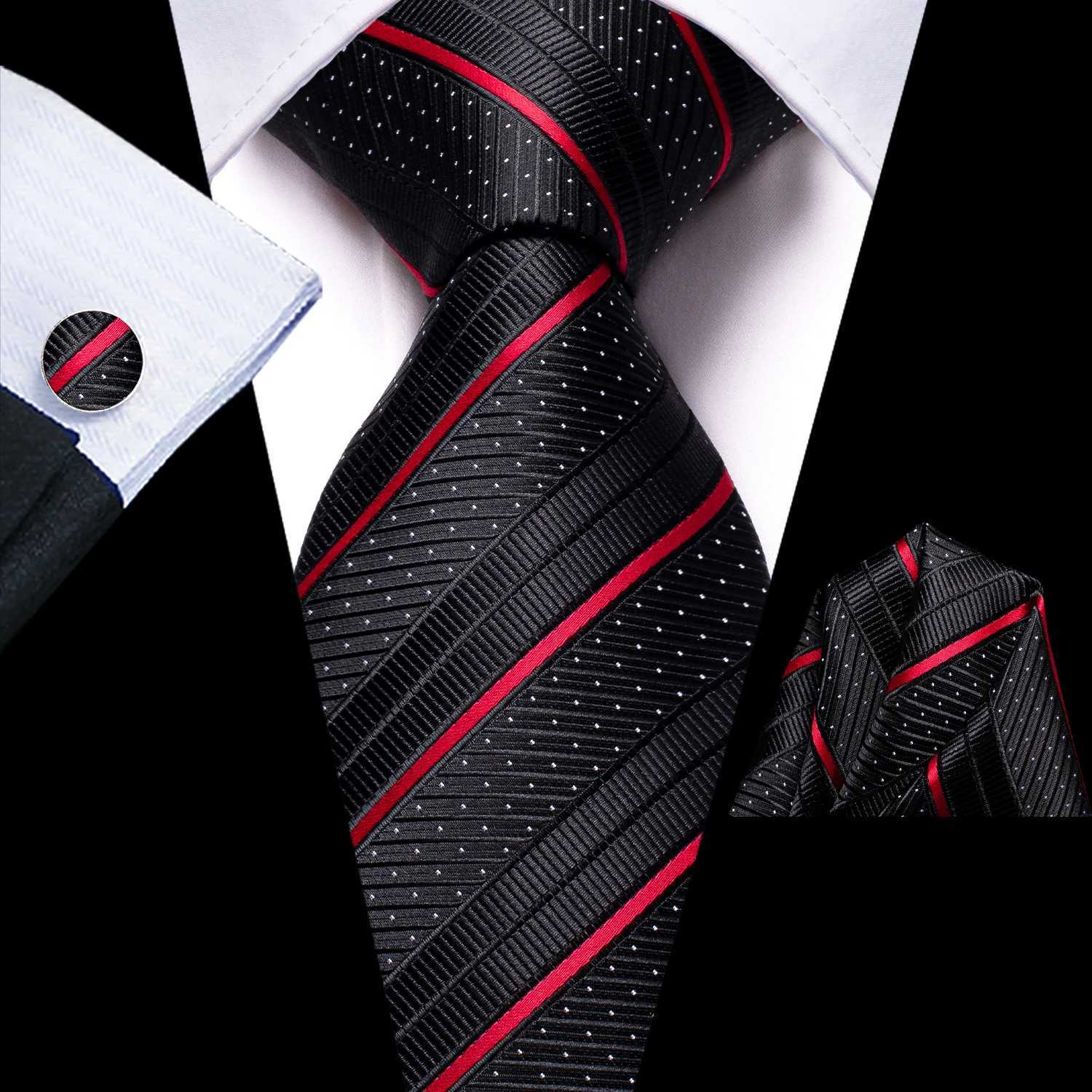 Hi-Tie Designer Black Red Striped Silk Wedding Tie For Men Handky Cufflink Gift Men Elegant Necktie Set Fashion Busin PartyX241111