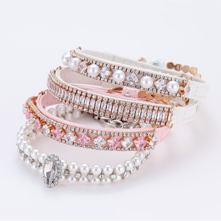 Rhinestones Dog Designer Pearl Necklace Adjustable Neck Strap Bling Diamond Collar For Cat Puppy Accessories 0731