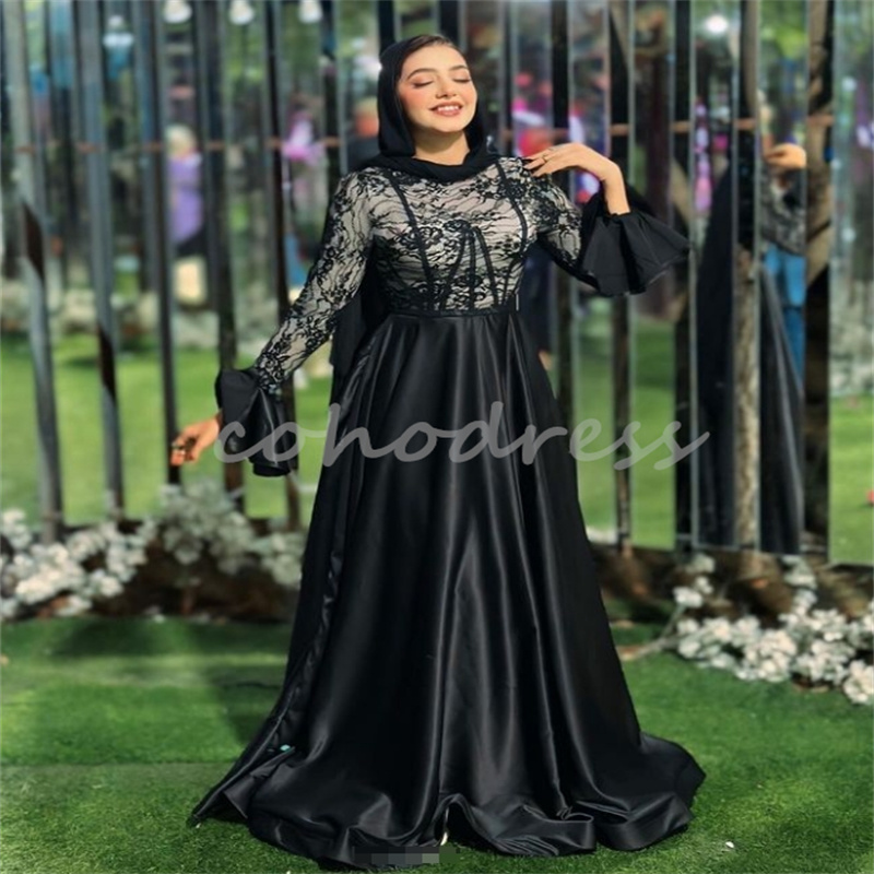 Graceful Black Muslim Evening Dresses A Line Top Lace Long Sleeve Saudi Arabic Prom Dress Elegant Ceremony Party Gown Dubai Engagement Secong Party Dr