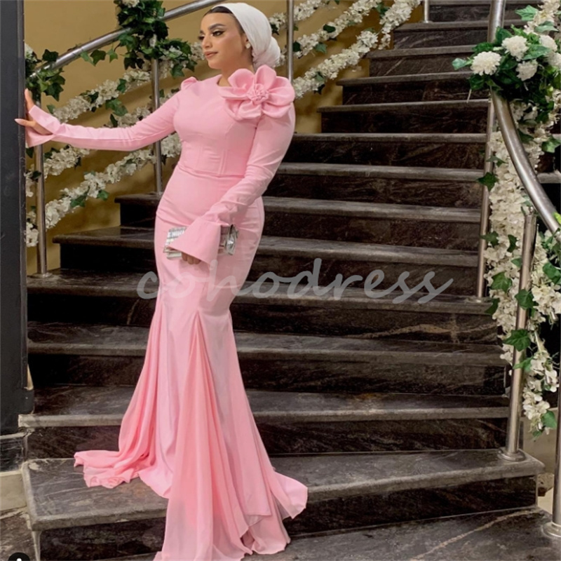 Pink Arabic Mermaid Evening Dress Elegant Long Sleeve Muslim Islamic Dubai Prom Dresses With Flowers Formal Party Charming Engagement Reception Dress 