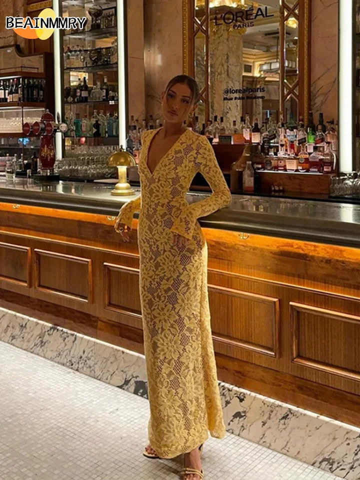 Sexy Deep V Neck Long Sleeve Lace Dress Women Fashion Hollow Out High Waist Maxi Dresses Lady Evening Party Dresses Vestidos 241111
