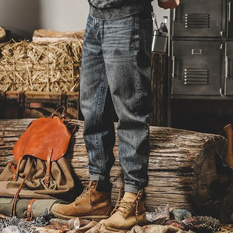 Mens Trendy American Classic Retro Streetwear Y2K Harem Denim Pants Autumn Casual Loose Straight Cargo Jeans Pantalones Hombre 241111