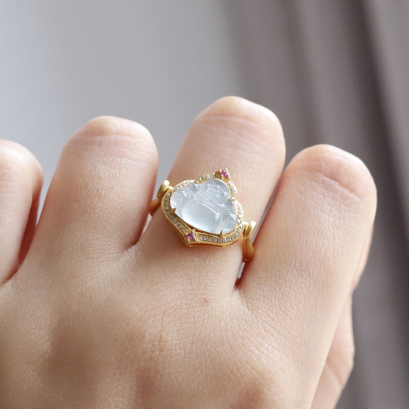 Silver inlaid natural ice jade chalcedony Buddha rings for women dual purpose ring pendant classic Chinese style jewelry