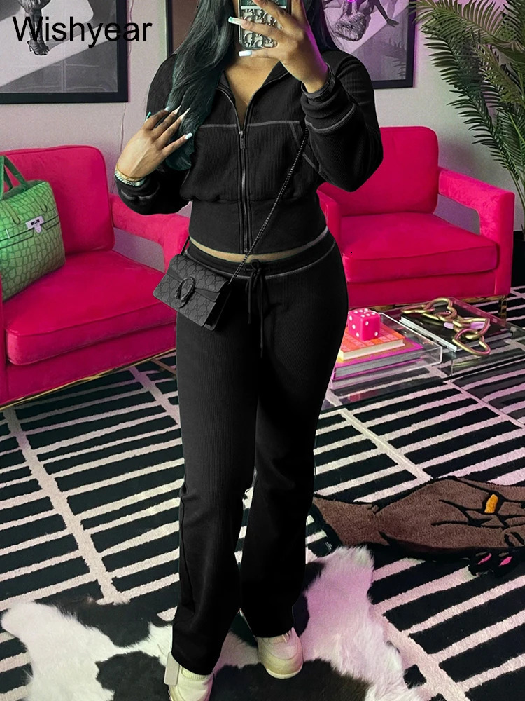 Tracksuits Women Sales Fall Winter Waffle Knit Two 2 Pieces Set Sweatshirts Jacket and Flared Pants Street Sports Workout Outfit 241111