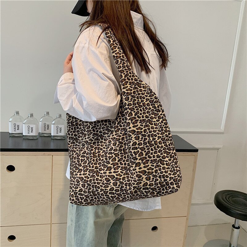College students commuting to class, large capacity tote for women 2024 new lazy style leopard print canvas shoulder bag