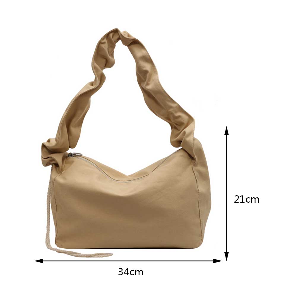 Korean Style Women's Pleated Shoulder Bags Simple Drawstring Canvas Tote Solid Color Portable Leisure Handbag Large Capacity Bag