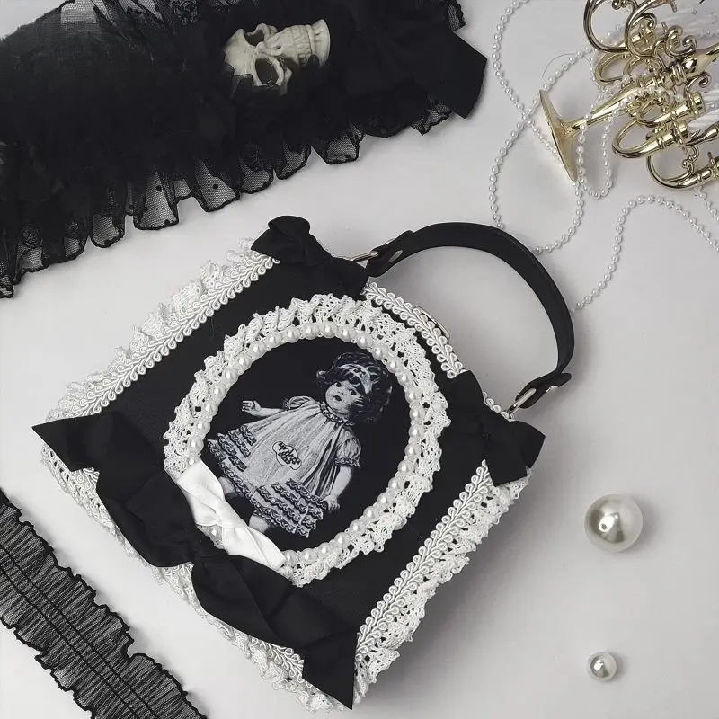 Y2k Girls Haruku Women Gothic Steam Punk One Shoulder Black White Newspaper Antiques Underarm Chain Design Crossbody Bags Tote BagVoyage
