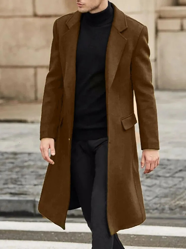 Wool Trench Coat Men Classic Turn-down Collar Wool Blends Button Jackets Casual Slim Long Windbreaker Autumn Winter Outwears 241111