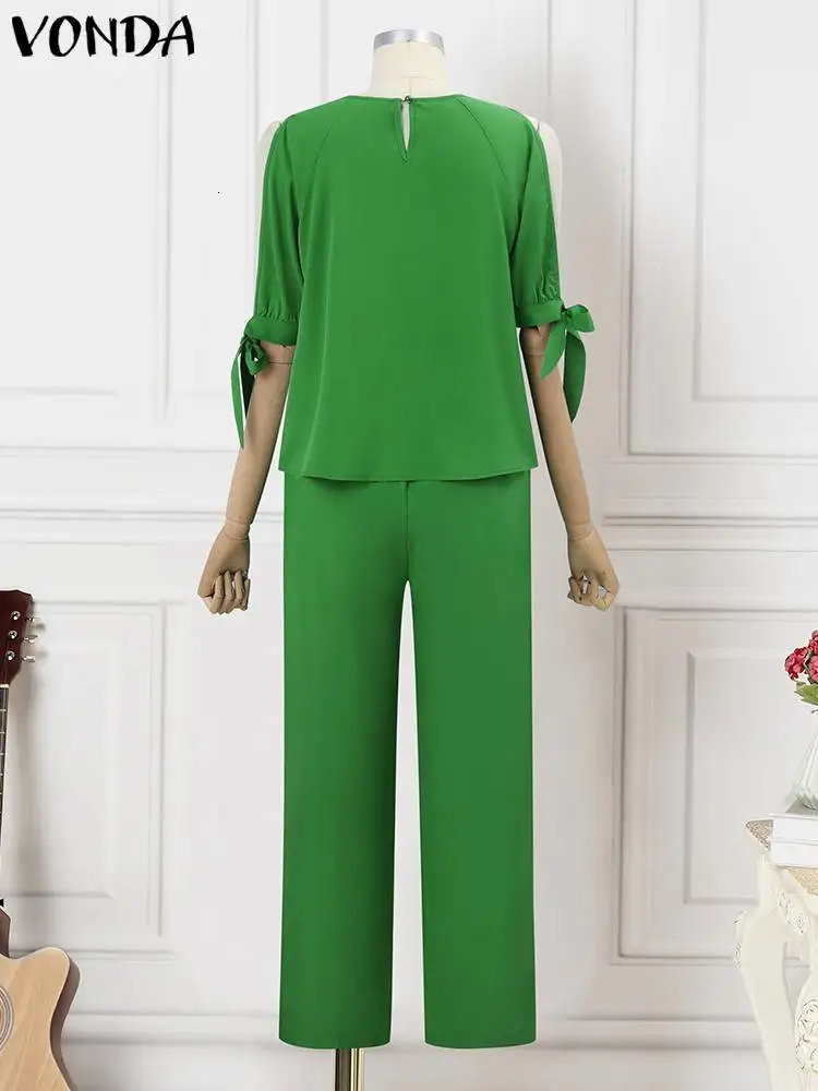 2024 VONDA Women Fashion Pant Sets Summer Cold Shoulder Casual Loose 34 Sleeve Tops Long Pants Vintage Printed Bohemian 241108