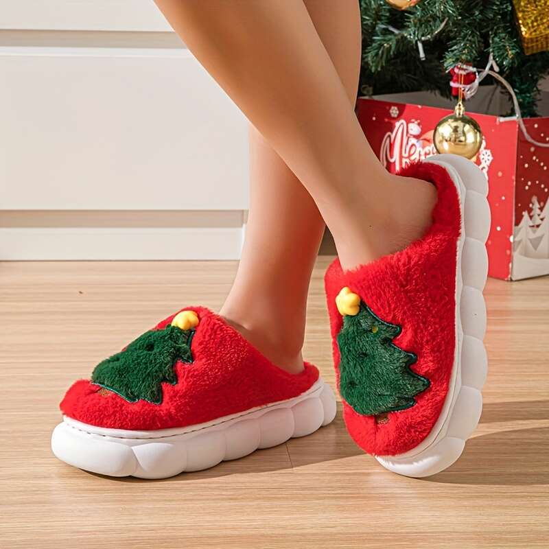 Comfy Christmas Tree Pattern Hollow Out Slides Soft, Non Slip, Thermal, Fuzzy, Casual, Indoor, Bedroom Shoes Men - Perfect for Cold Winter Days