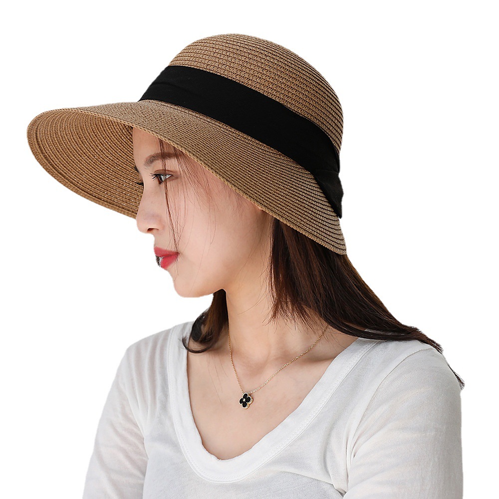 Women's Sun Hat Wide Brim Foldable Bows Straw Hats Summer Travel Beach Panama Cap Dome Bucket Cap Breathable Visor Bonnet