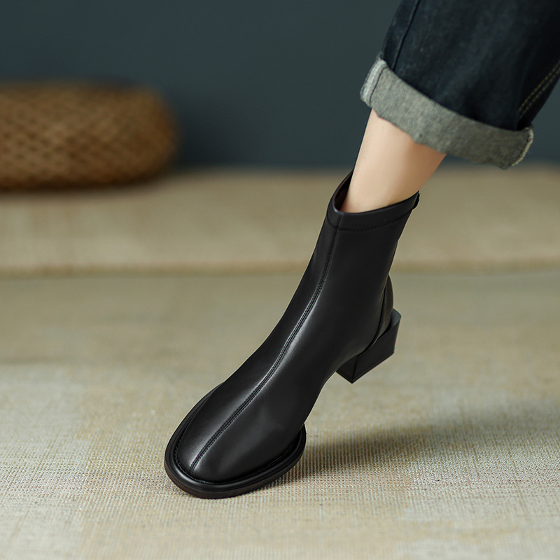 Chunky Heel Short Boots: Winter Retro Round Toe Comfort Versatile Boots for Women, Black/Grey 7b3b