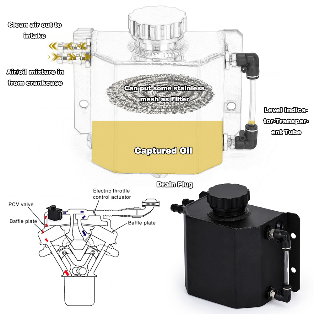 LZONE - Universal 1L Aluminum Catch Can Reservoir With Drain Plug Breather Oil Fuel Tank JR-TK57
