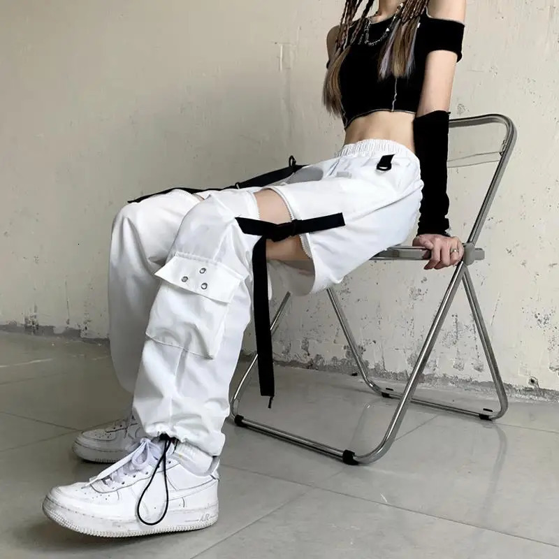 Korean Detachable Y2k Pants Casual Loose Solid High Waist Patchwork Hollow Out Pantalones Draw String Punk Wide Leg Pant 241108
