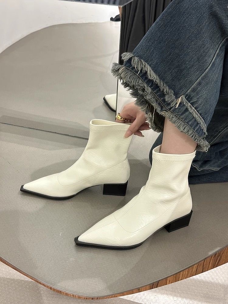 Pointed Toe Women Ankle Boots Fashion Thick Heel Slimming Short Booties Autumn Winter Soft Leather Female Shoes