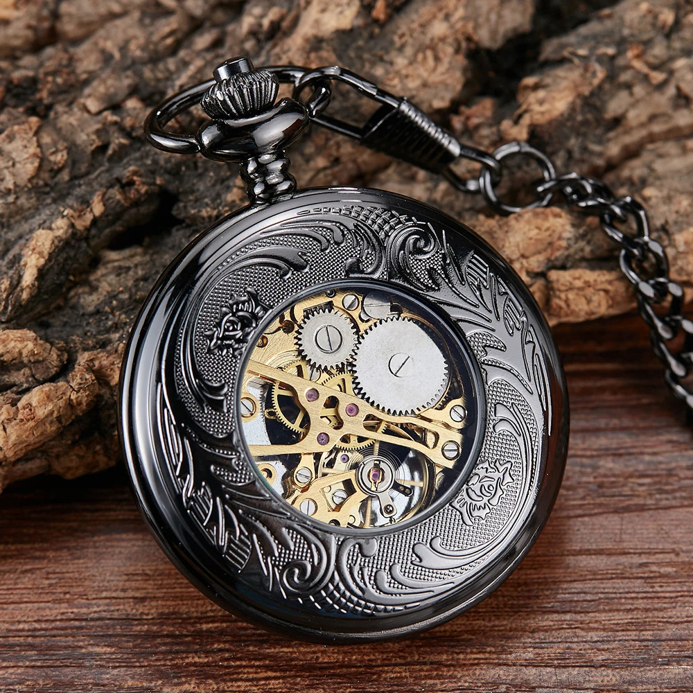 Luminous Hand Winding Mechanical Pocket Watch Pendant Bronze Classical Vintage Hollow Cover Analog for Men Watches Clock Gift 240327