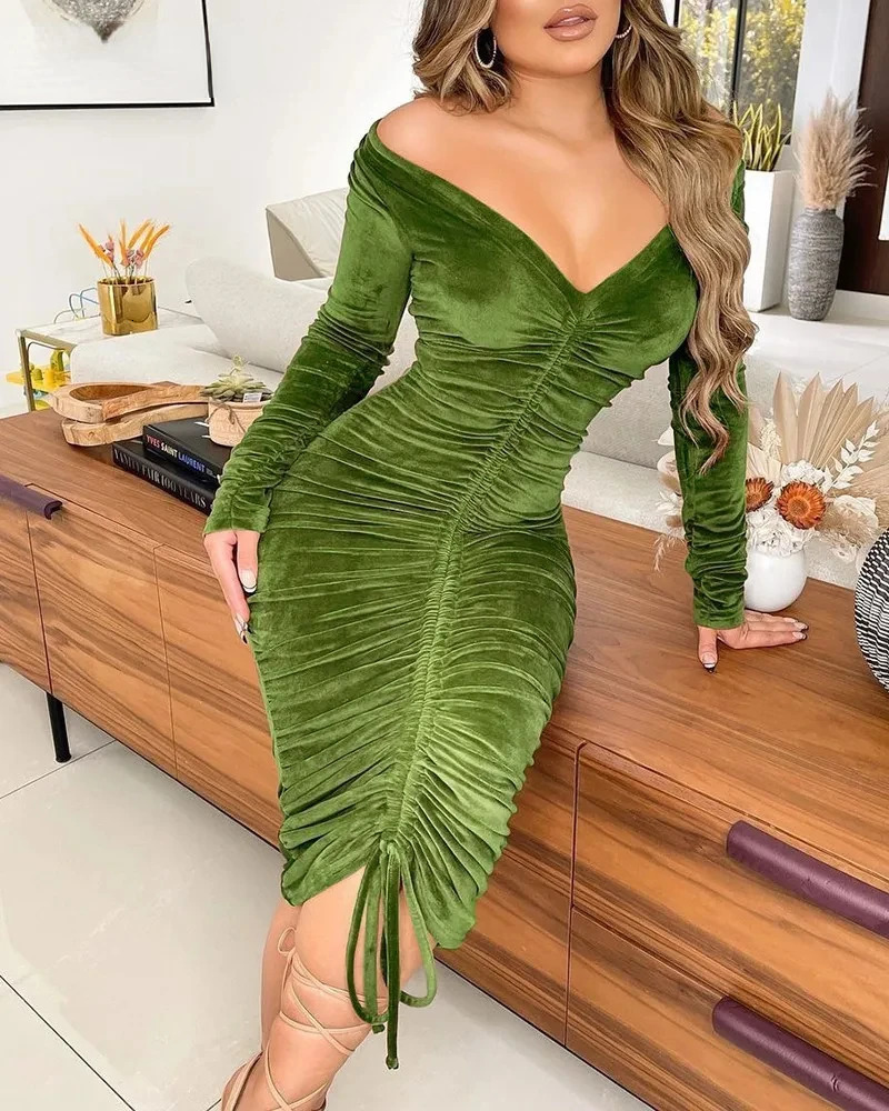 BWQ Women Velvet Drawstring Ruched Up Off Shoulder Long Sleeve Bodycon Midi Dress Sexy Party Club Night Pencil Dresses 241111