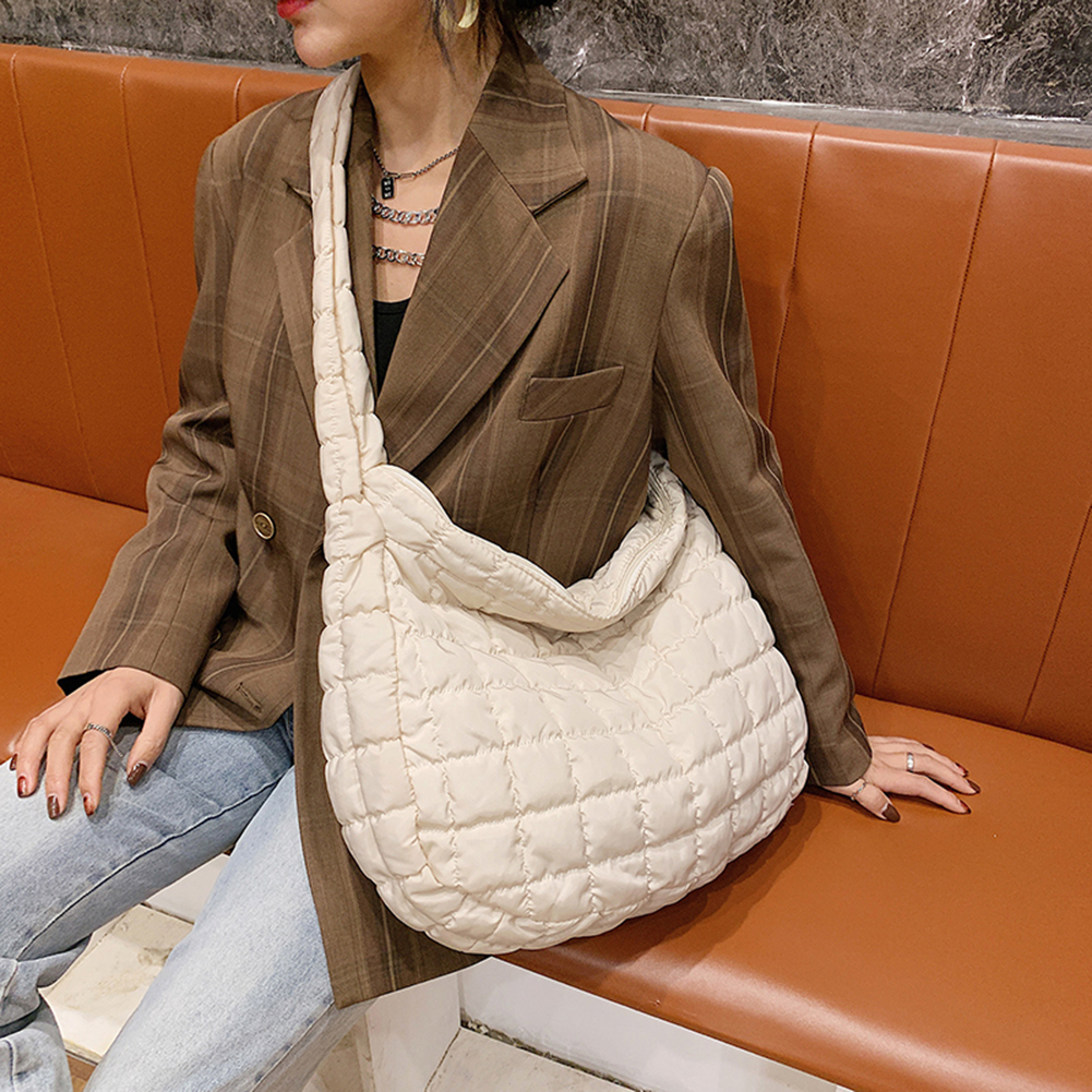 Large Capacity Lattice Pattern Shoulder Space Cotton Handbag Women Tote Bags Feather Padded Ladies Quilted Shopper Bag