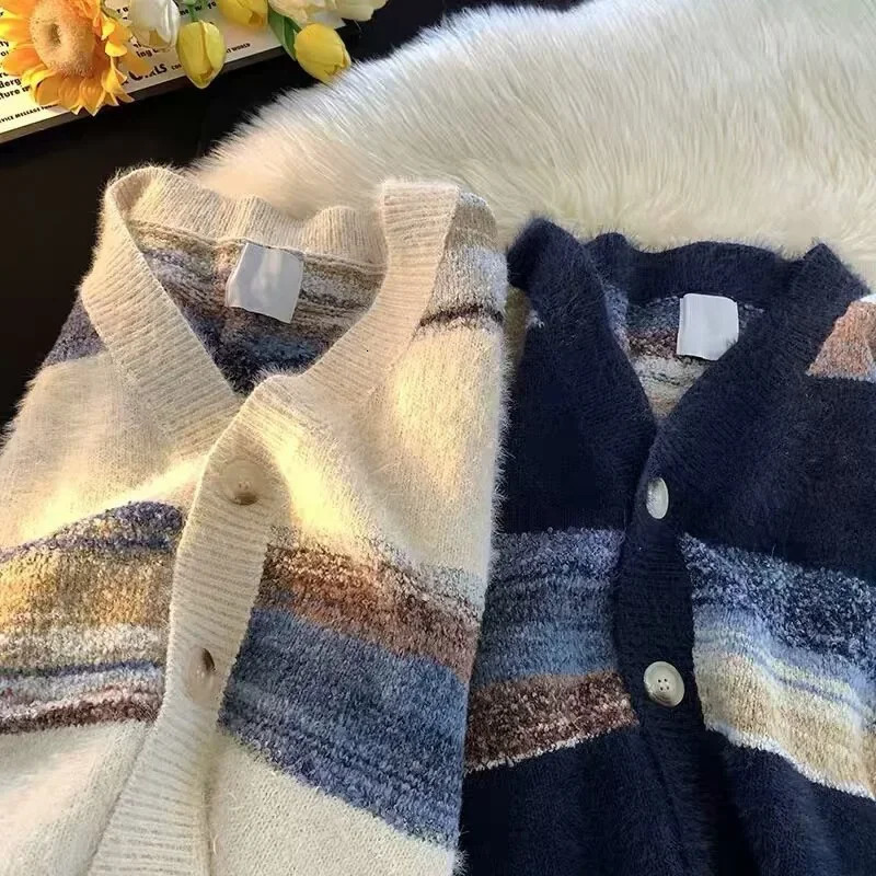 American Retro Lazy Striped Open Cardigan Knitted Sweater Jacket Loose Couple For Men And Women Casual VNeck Pullovers 241111