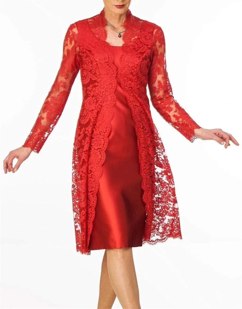 Dark Red Sheath Mother Of The Bride Dresses With Lace Jacket Long Sleeves Knee Length Mother Formal Wear Elegant Wedding Guest Dress For Women 2024