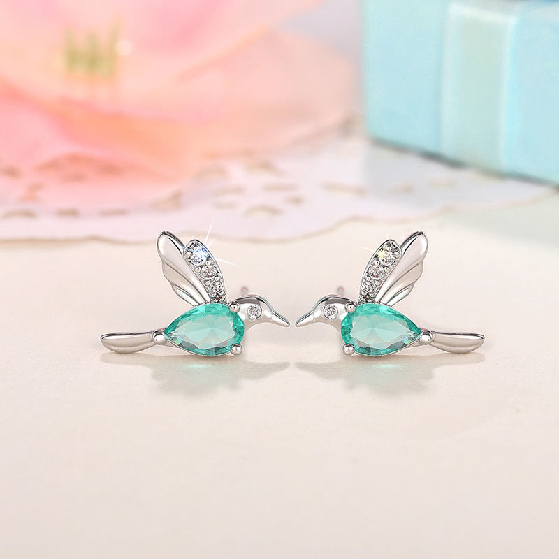 Earrings s925 sterling silver simple hummingbird Stud women light green teardrop-shaped diamond Stud earrings white crystal party Stud luxury jewelry
