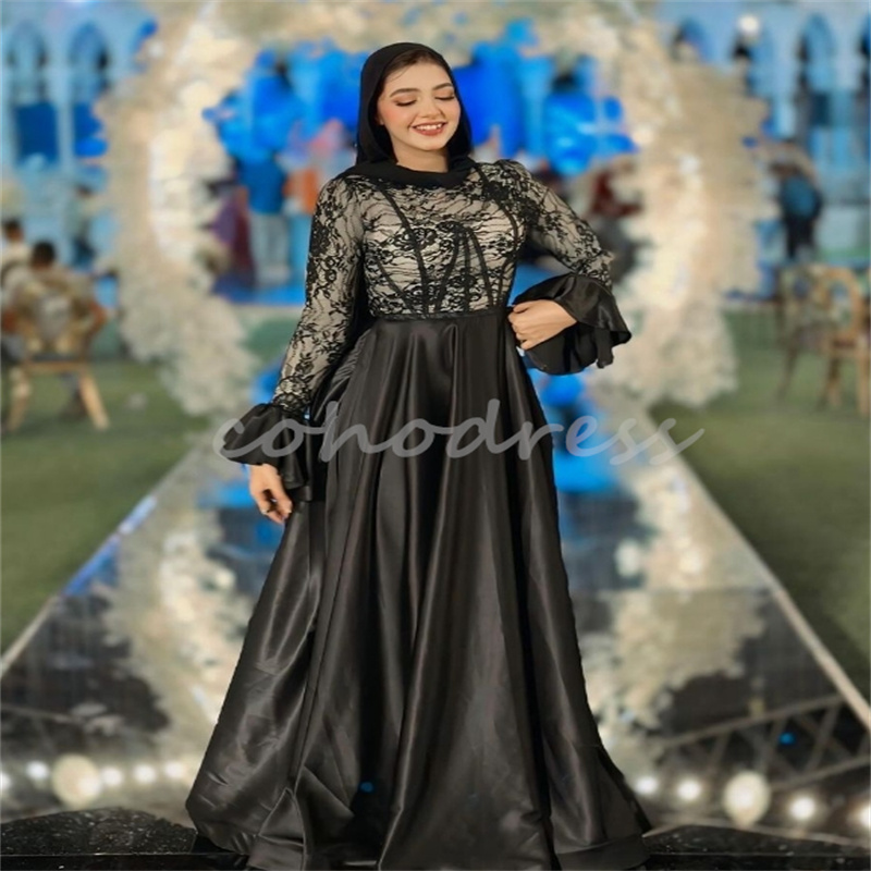 Graceful Black Muslim Evening Dresses A Line Top Lace Long Sleeve Saudi Arabic Prom Dress Elegant Ceremony Party Gown Dubai Engagement Secong Party Dr