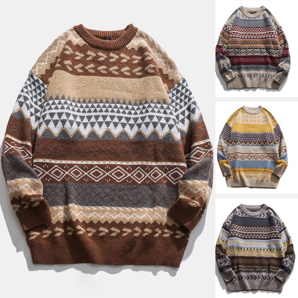 Knitted Striped Vintage Sweater Pullover Men Sweater Casual Men's Sweater O-Neck Long Sleeves Retro Striped Print Sweater Jumper