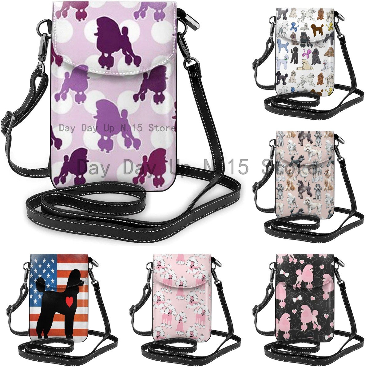 New Lightweight PU Leather Cell Phone Purse Purple Poodle Polka Dot Small Crossbody Bags Shoulder Bag Wallet Handbag for Women