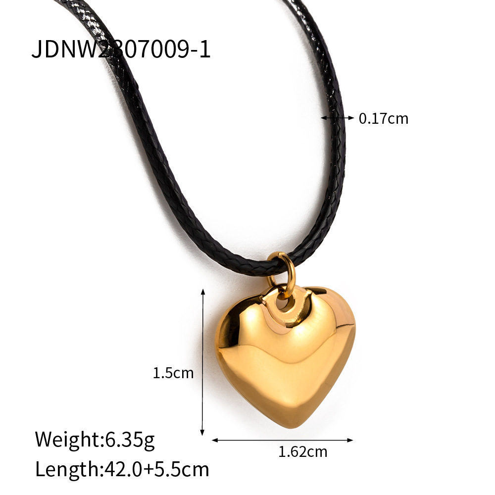 New Gothic Black Leather Woven Rope Chain Plated with 18k Gold Heart shaped Stainless Steel Pendant for Women Elegant Chain Jewelry