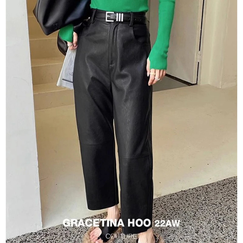 Autumn Winter High Waist Streetwear Fashion Vintage PU Leather Pant Loose Casual Harajuku Y2K Allmatch Straight Trousers 241108