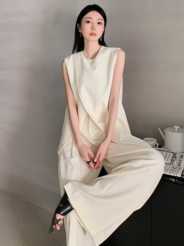 Summer 2 Piece Set Women Outfits Elegant OL Sleeveless Tank Blouse + Draping Double Pleats Pants Two Piece Sets Trousers Suits