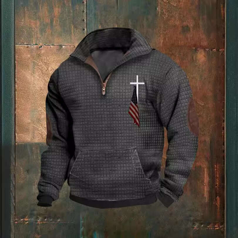 2023 Men's Casual Fashion Zipper Collar Waffle Printed Hoodie