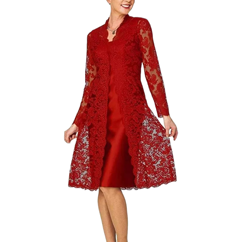 Dark Red Sheath Mother Of The Bride Dresses With Lace Jacket Long Sleeves Knee Length Mother Formal Wear Elegant Wedding Guest Dress For Women 2024