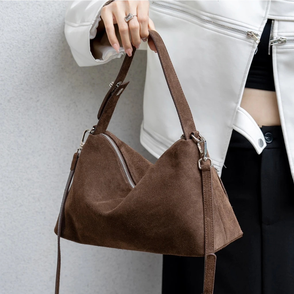 Soft Matte Suede Women's Handbag Autumn Cowhide Shoulder Crossbody Bag Simple Leather Colletion Grey Brown Tote New For Winter Genuine Leather Zi