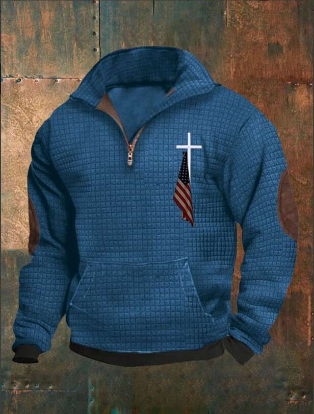 2023 Men's Casual Fashion Zipper Collar Waffle Printed Hoodie