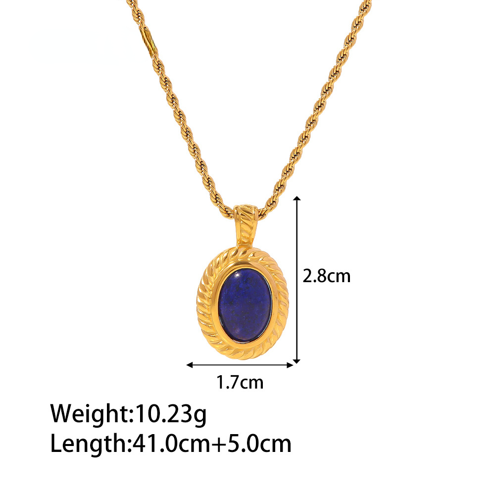 Designer Fashion Necklace for Women 18K Gold Stainless Steel Inlaid Lapis Lazuli Oval Vintage Pendant Necklace Wholesale