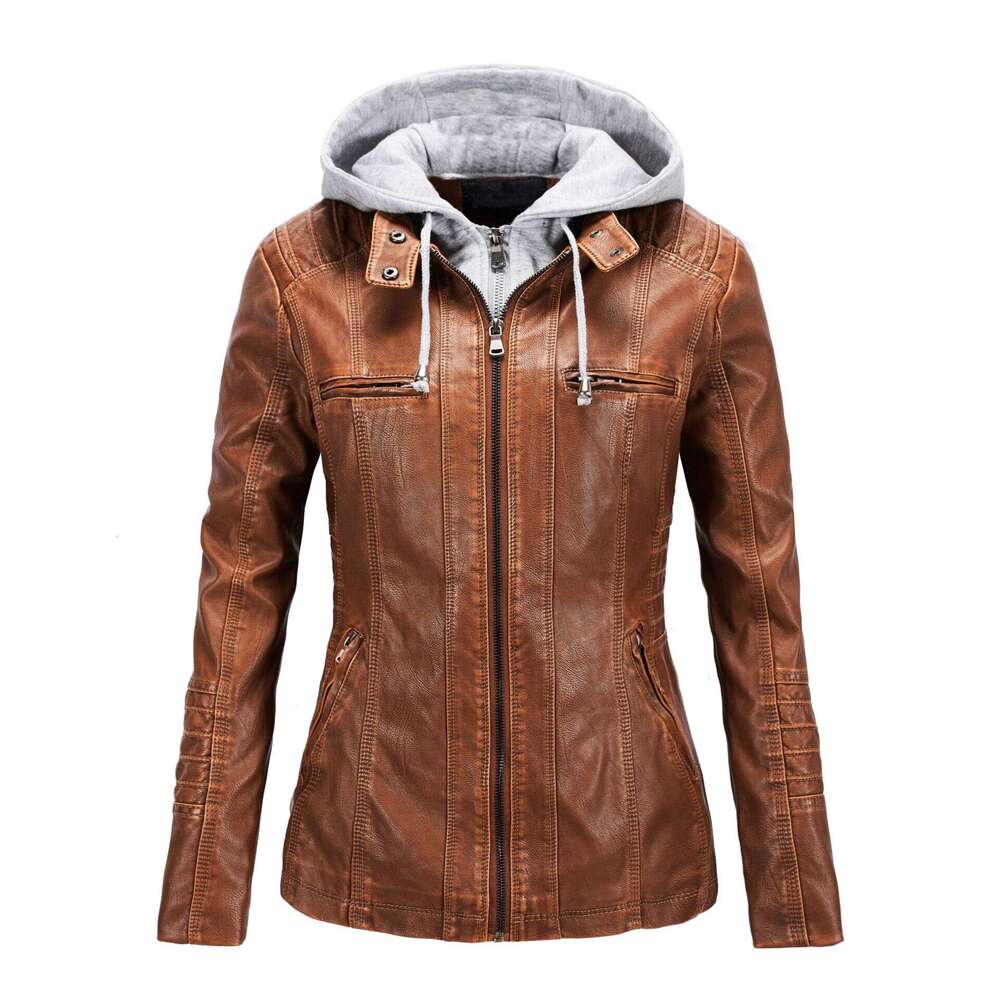 shanshi leather jacket women Long sleeved motorcycle PU women's short detachable hooded slim fit leather jacket