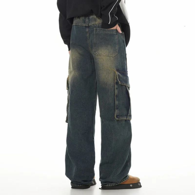Y2K street pants Korean loose jeans elastic waist black gray washed several generations of mens work pants 241108
