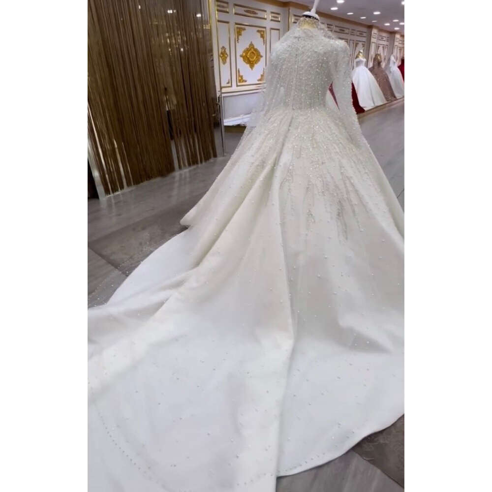 STEVDITG Pearls Bride Fashion High Collar Long Sleeves Beading Ball Gowns Elegant Chapel Train Wedding Dress